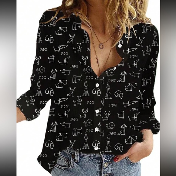 Classic Plus Size Dog Print Button Down Up Shirt Top Blouse - Picture 6 of 10